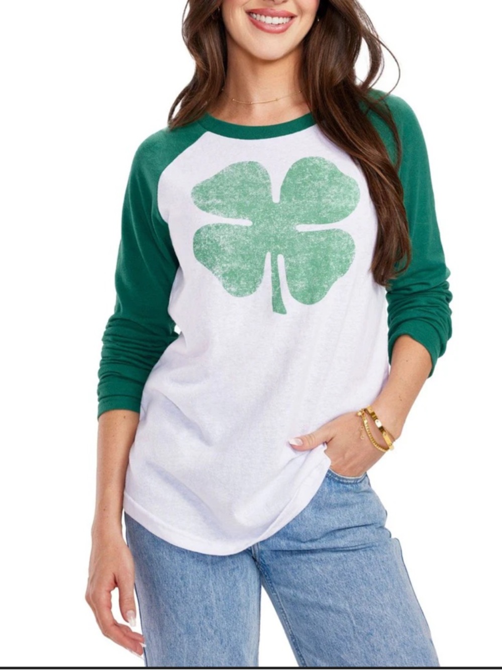Typsy Elves White Raglan Long Sleeve Tee with Green Shamrock